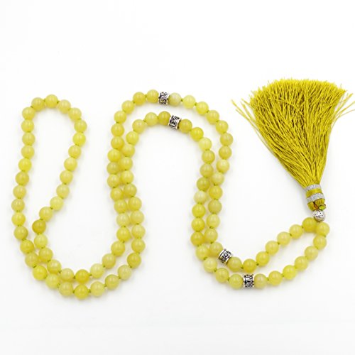 Mala Beads Necklace, Gemstone Mala Bracelet, Buddhist Prayer Beads Necklace, Tassel Necklace, Knotted Necklace (Lemon Jade)