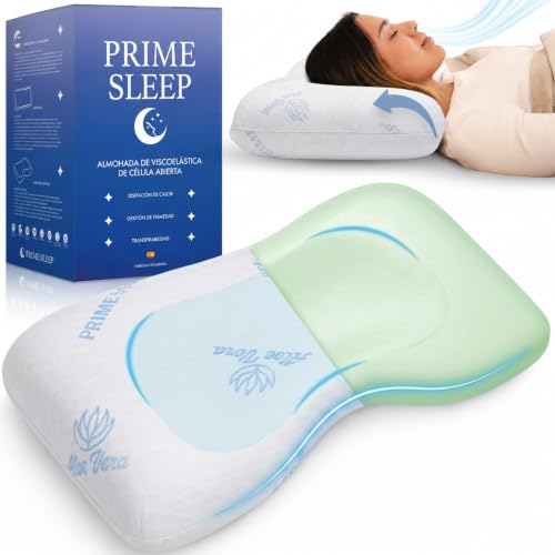 Almohada Cervicales y Cuello Alta Densidad 2 en 1 Apta para Todas Las Posturas | Almohada Viscoelástica Ergonómica de Célula Abierta | Soporte Ortopédico | Funda Aloe Vera Lavable