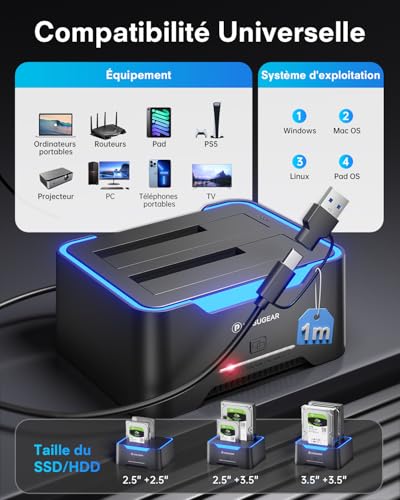 POSUGEAR Hard Drive Dock, USB3.0 Hard Drive Docking Station for 2.5 and 3.5 Inch SATA HDD/SSD Up to 40TB, Offline Cloning Function Supports UASP Dual Bay