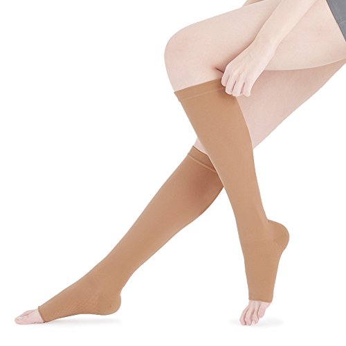 Fytto 15-20mmHg Knee High, Open Toe Compression Microfiber Hosiery - Support for Travel, Varicose Veins & Pregnancy, Slip-Resistant, Tan, Large