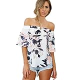 Lisingtool Women's Off Shoulder Floral Printed Blouse Casual Tops T Shirt (L, Pink)