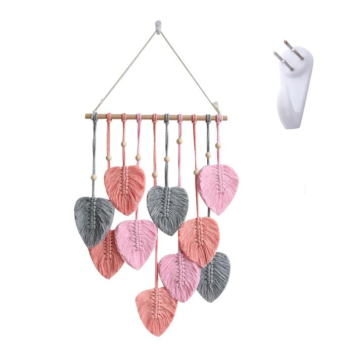 15.7 X 31.4In Macrame Wall Hanging, Boho Wall Decor Leaf Woven Tapestry Wall Hanging, Macrame Leaf Hanging Unique Boho Macrame Tapestry Feathers For Outdoor, Indoor, Living Room, Bedroom (Pink)