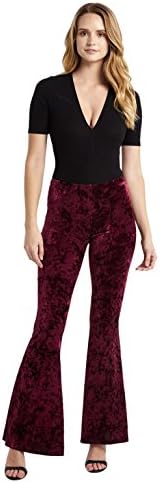Poshsquare Women's Velvet Bell Bottom High Waist Flared Stretch Palazzo Pants USA Crushed Burgundy L