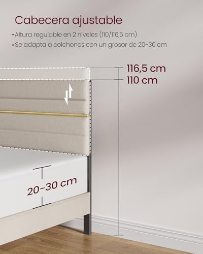 Marco de Cama Matrimonial, Marco para Colchón de 160 x 200 cm, Cabecero Acolchado Ajustable, Metal y Madera, Estilo Moderno, Beige Cappuccino RMB505LH01