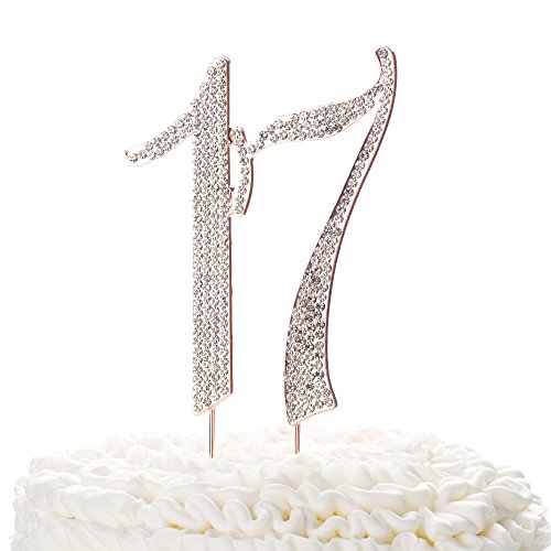 Ella Celebration 17 Cake Topper for 17th Birthday, Rhinestone Number Decoration Party Supplies (Rose Gold)