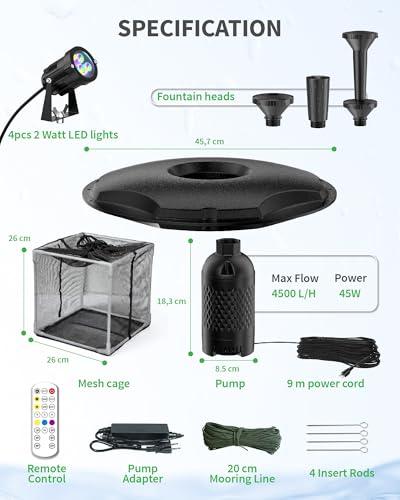 POPOSOAP Floating Pond Fountain & Aerator Complete Kit with LED Lights, 4500 L/h Water Pump, 9m Power Cord, 3 Spray Styles for Ponds, Pools, Lakes & Water Gardens