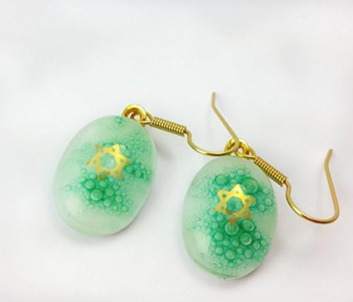 Star of David Gold Decals on Green Fused Glass Earrings
