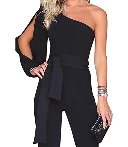 VLUNT Women's Elegant One Shoulder Jumpsuit Slit Long Sleeve High Waisted Wide Leg Long Pants Romper with Belt