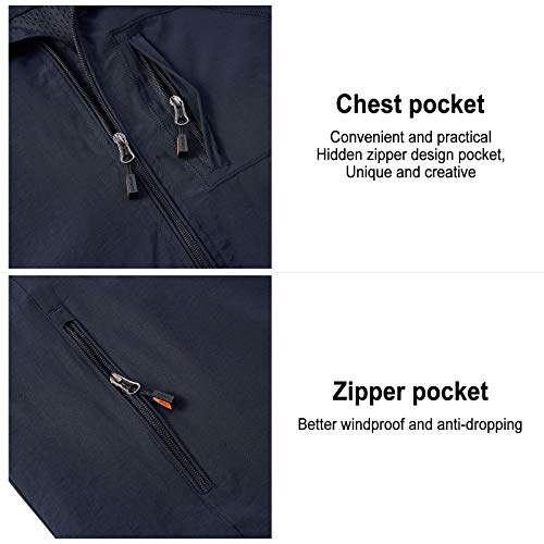 RAISEVERN Chaqueta de montañero Resistente al agua A prueba de viento Azul marino Abrigos Abrigos Casual Ajustable Multi bolsillos Chaqueta con capucha para exteriores para hombres jóvenes L