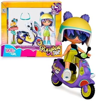 Moto Girl, Figura Articulada de Brazos y Piernas, Set de Chica Top con su Moto, Incluyen Casco y Gafas, Ropa y Zapatos Intercambiables, Doble Cara y Decoración, +4 años, Famosa (PNN03000)