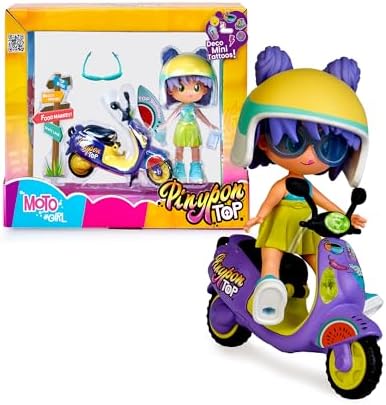 Moto Girl, Figura Articulada de Brazos y Piernas, Set de Chica Top con su Moto, Incluyen Casco y Gafas, Ropa y Zapatos Intercambiables, Doble Cara y Decoración, +4 años, Famosa (PNN03000)