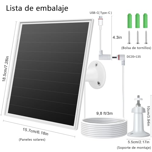 Cargador solar ring de 6W/5V,compatible con toda la gama de cámaras Ring(no compatible con cámaras sin baterías),viene con un puerto DC35+Tipo-C,un cable de carga de 1x3m y es resistente al agua IP66