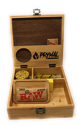 Prymal Products Extra Large Stash Box with Lock and Key and Rolling Tray - Premium Black Walnut and Bamboo Wood - Organize Your Accessories