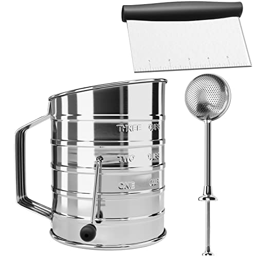 HULISEN 3 Cup Flour Sifter, Pastry Scraper and Flour Duster, Stainless Steel Dough Cutter