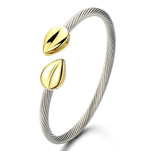 COOLSTEELANDBEYONDElastic Adjustable Womens Stainless Steel Twisted Cable Bangle Bracelet Gold Silver Two Tone