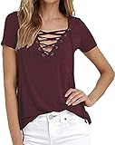 UGET Women's Sexy Plain Deep V Neck Lace up Short Sleeve Blouse Top Asia L Burgundy