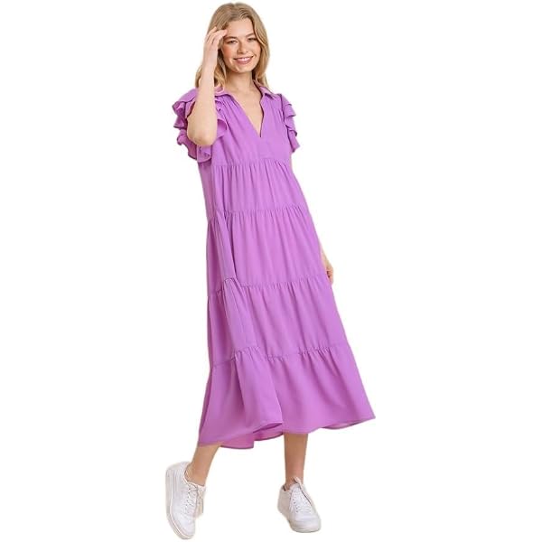 Umgee Collar Split Neck Short Ruffle Sleeves Tiered Midi Dress with No  Lining Black at Amazon Women's Clothing store