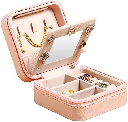PUSU Travel Jewelry Box Organizer, Faux Leather with Mirror Small Jewelry Trays Portable Storage Case for Earrings Rings Necklace Bracelet Watch(Pink)