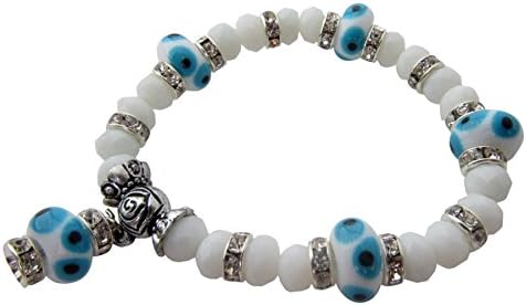 Evil Eye Stretch Charm Bracelet with White Murano Glass Beads and Zircon Crystals