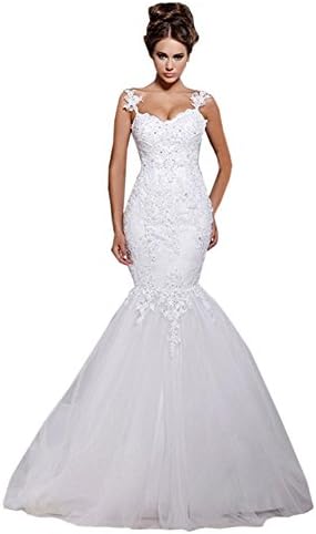 Dreamdre Straps Sheer Back Applique Beading Mermaid Court Train Wedding Dress for Women 2016 White US8