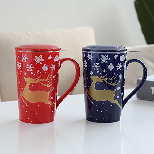 TEANAGOO M58-12 Porcelain Tea-Cup with infuser and Lid, 18 OZ, Red Golden Deer, Best Gift for Christmas & New Year