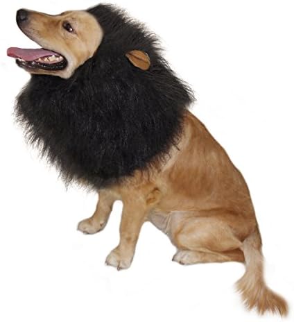 CPPSLEE Halloween Lion Mane Wig Costume - Make Your Dog Lion King - Adjustable Washable Comfortable Fancy Lion Hair Dog Clothes Dress for Halloween (G-Black With Ear)