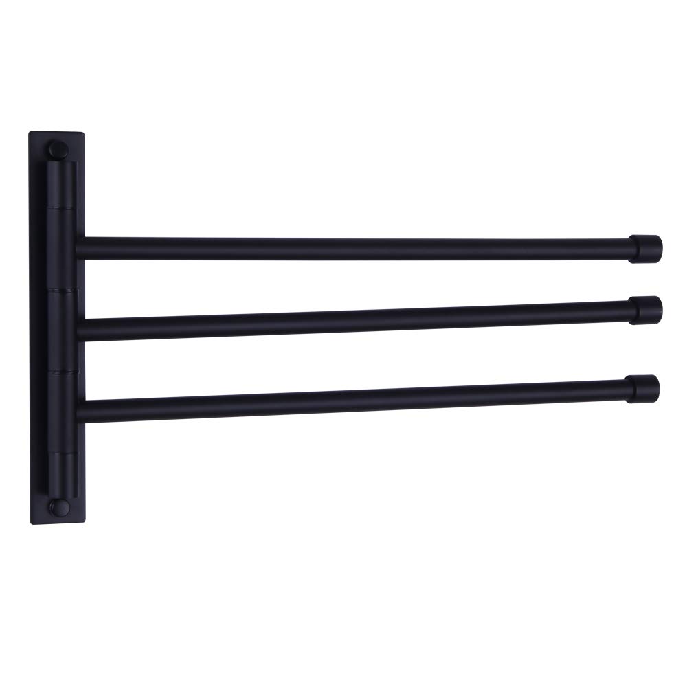 GERZWY Bath Towel Holder Swivel Towel Rail SUS 304 Stainless Steel Bathroom Towel Holder 3 Bars Folding Arm Swivel Bracket Wall Mount Matt Black HYG03-BK