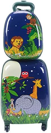2Pc 12" 16" Kids Carry On Luggage Set Upright Hard Side Hard Shell Suitcase Travel Trolley ABS (Elephant & Lions)