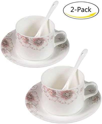 BandTie (2-Pack) 5 OZ Tea Coffee Brewing System-Chinese Jingdezhen Blue and White Porcelain Coffee Cup/Espresso Cup/Cappuccino Cups/Coffee Mug 3-Piece Set with Spoon and Saucer,Pink Flowers
