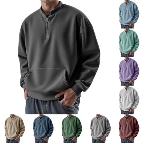 Mens Half Zip Sweatshirt With Pockets - Winter Fleece Work Sweater Long Sleeve Henley Shirts Lightweight Outdoor Sweatshirts Loose Fit Outerwear Pullover Shirt For Hiking, Work Black