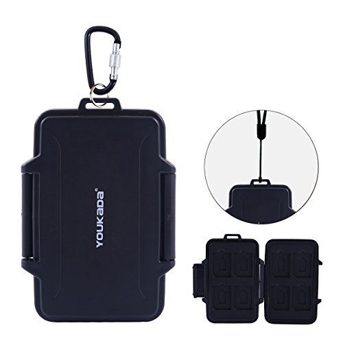 YOUKaDa Water-resistant Memory Card Case Holder Storage With Carabiner For 8 SD Cards & 8 Micro SD Cards (Black)