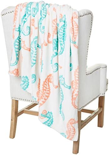 Coastal Home Seahorse Print Plush Throw Blanket One Size White multi