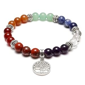 Jovivi 7 Chakras Yoga Meditation Healing Balancing Round Stone Beads Stretch Bracelet with Tree of Life/Lotus/OM Symbol Charm