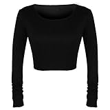 ROPALIA Womens Sexy Cropped Long Sleeve Scoop Neck Tights Short Blouse Black