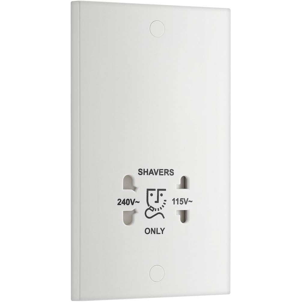 BG Electrical Dual Voltage Shaver Plug Socket, Electric Toothbrush Charger Socket for Bathrooms, Square Edge, Nexus 900 Series, White Moulded, 2-Pin, 115V / 240V, 940