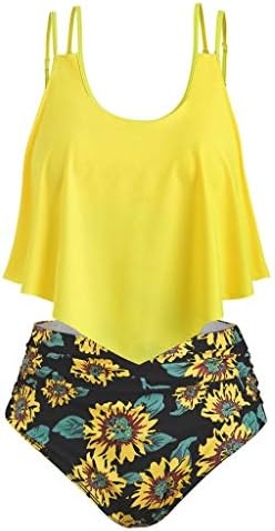 Cenglings Women Sunflower Print Two Pieces Bathing Suits Ruffled with High Waisted Bottom Tummy Control Bathing Suit