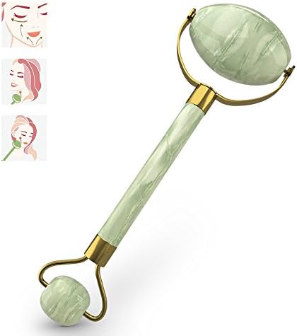 Jade roller, Natural Jade Stone Facial Roller Anti Aging, Hand Made Double Neck Genuine Massage Tool Made from Certificated Xiu yan Jade Stones, Face and Neck Massage Skin Care for Dark Circles and Pu