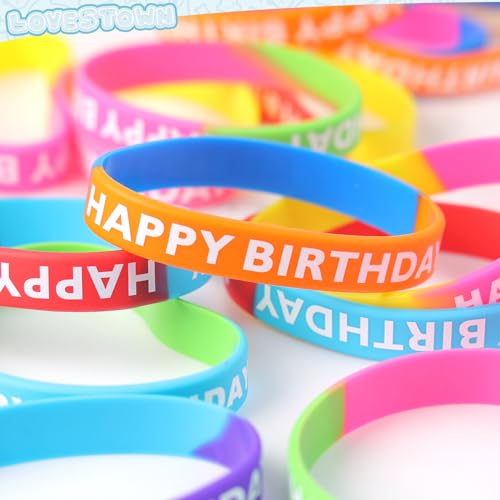 LovesTown 24PCS Happy Birthday Rubber Bracelets, Silicone Stretch Wristbands for Kids Party Supplies