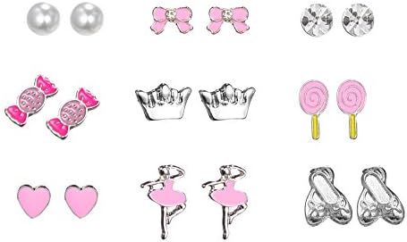 9 Pairs Mixed Color Kids Girl's Cute Earrings Animals Fox Heart Star Ladybug Bee Frog Daisy Umbrella For Children Stud Earrings Set Christmas Gift for Girls(animal tree pearl)