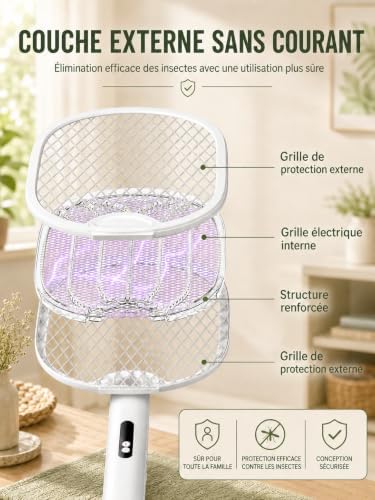 Raquette Electrique Insecte Pliable 4000V Interieur Exterieur Blanc