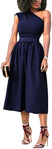 JUSICA Womens Navy Blue Vintage Sleeveless One Shoulder Wedding Guest Cocktail Midi Evening Dresses For Women Navy,Small