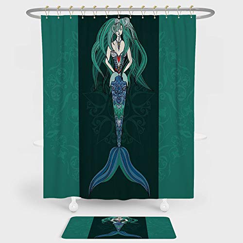 Iprint Mermaid Shower Curtain And Floor Mat Combination Set Hand
