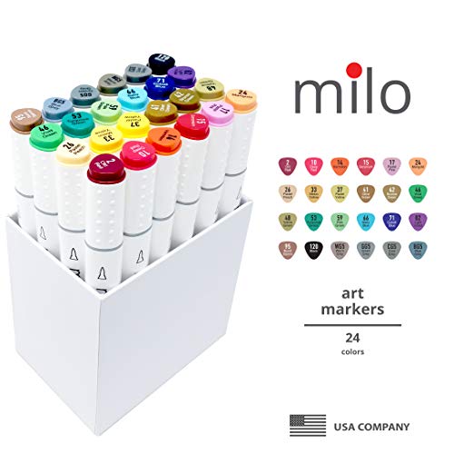 MILO 24 Art Marker Set Dual Tip Artist Markers | Brush Tip and Chisel Tip | Alcohol Based Coloring Markers | includes Marker Storage Box