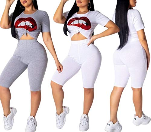 Womens Print Two Piece Sweatsuit Crew Neck Short Sleeve Crop Top and Skinny Short Pants Sets