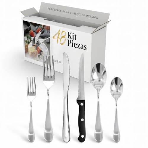 Juego de Cubiertos de 48 Piezas en Acero Inoxidable | Cubiertos Resistentes y Elegantes para Hogar, Cocina o Restaurantes