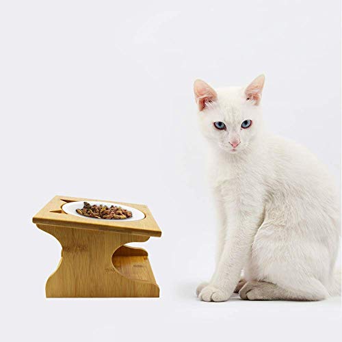 Petsoigné Cat Bowls Pet Dining Table with Raised Slope Wooden Stand Elevated Pet Bowls with Oblique Stand for More Comfortable Eating for Cats, Dogs, Kitten and Puppy (1 Bowl, Ceramics) — image 1