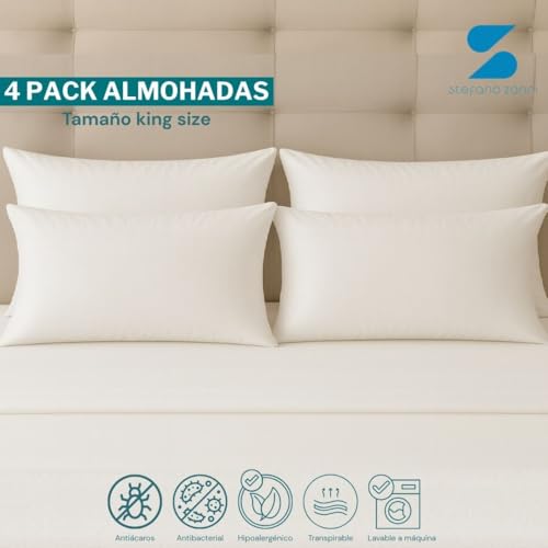 STEFANO ZANNI Almohada 4 Pack Microfibra + Fundas de Regalo – Densidad Media para Mejor Soporte, Descanso de Calidad, Tela Fresca, Suave e Hipoalergénica, Estilo Hotelero. King Size