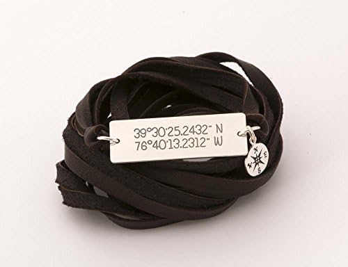 BOHO style Coordinates sterling silver/leather bracelet, custom engraved coordinates/text, Handmade Traveler bracelet, nautical Compass gift