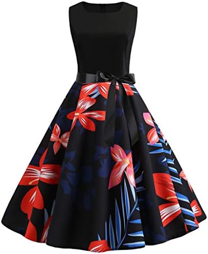 Summer Dresses for Women Vintage 1950s Retro Sleeveless O-Neck Round Collar Floral Print Elegant Large Swing Skirt A-Line for Party Evening Swing Dress,Red Dresses Women