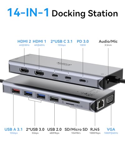Selore USB C Laptop Docking Station Dual Monitor, USB C HUB Mutilport Adapter with VGA+HDMI+PD+SD Card Reader+USB Ports Compatible for Macbook Dell HP